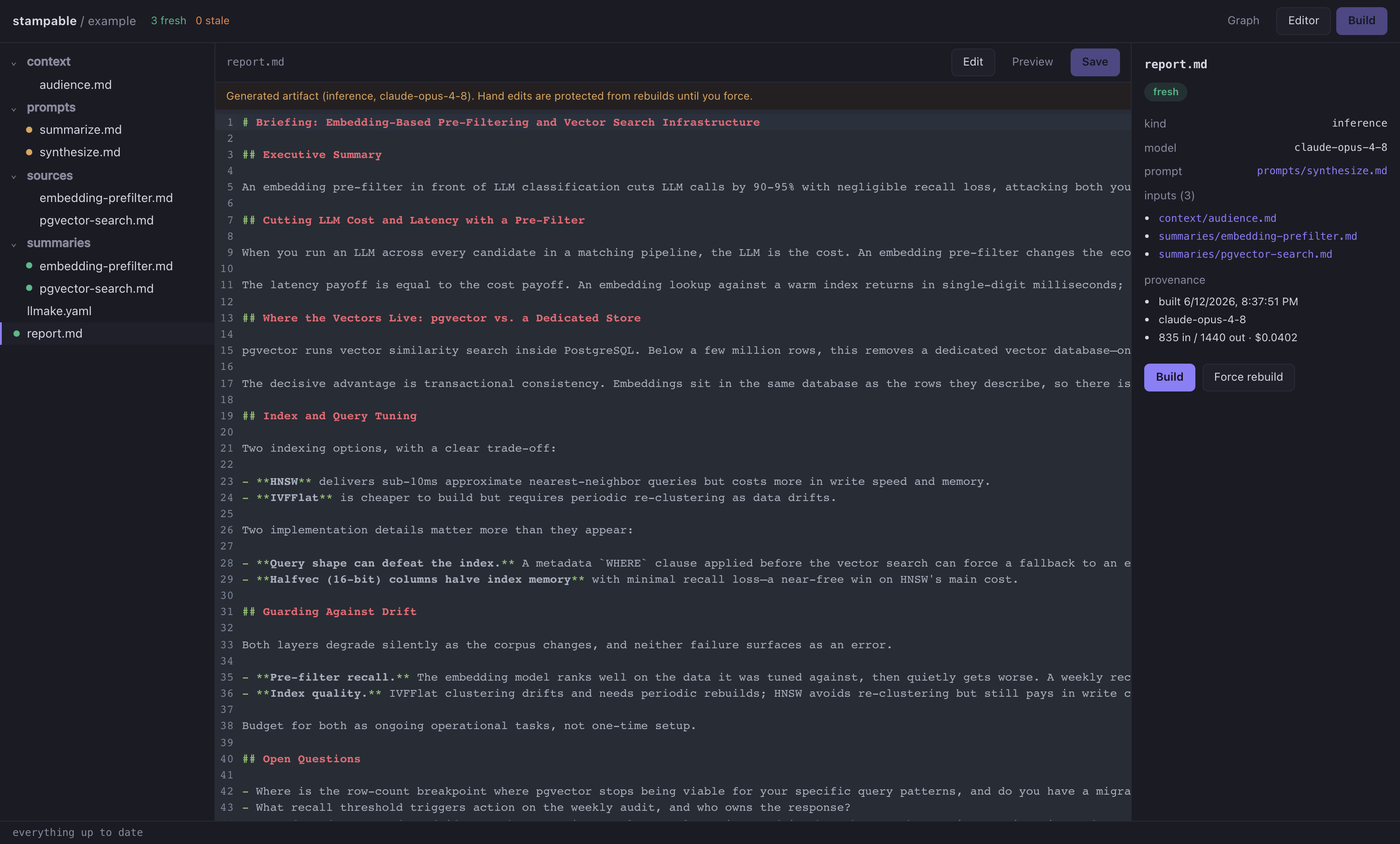 Stampable editor showing a generated report with a provenance banner — generated artifact, model name, hand edits protected from rebuild